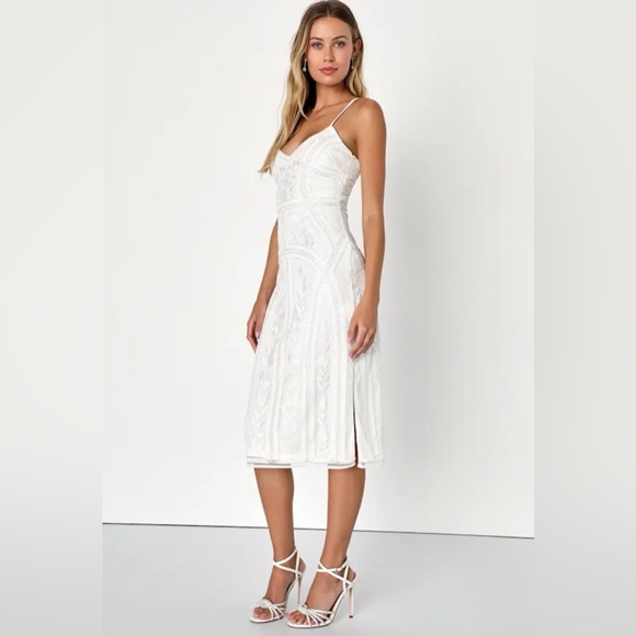NWT lulus White Sequin Embroidered Side Slit Midi Dress Large - Picture 4 of 10